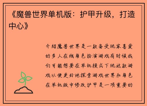 《魔兽世界单机版：护甲升级，打造中心》