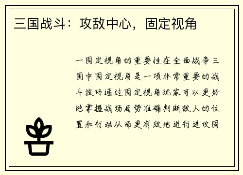 三国战斗：攻敌中心，固定视角