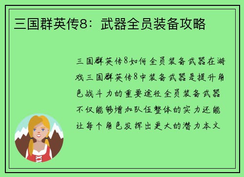 三国群英传8：武器全员装备攻略