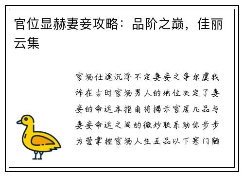 官位显赫妻妾攻略：品阶之巅，佳丽云集