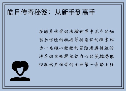 皓月传奇秘笈：从新手到高手